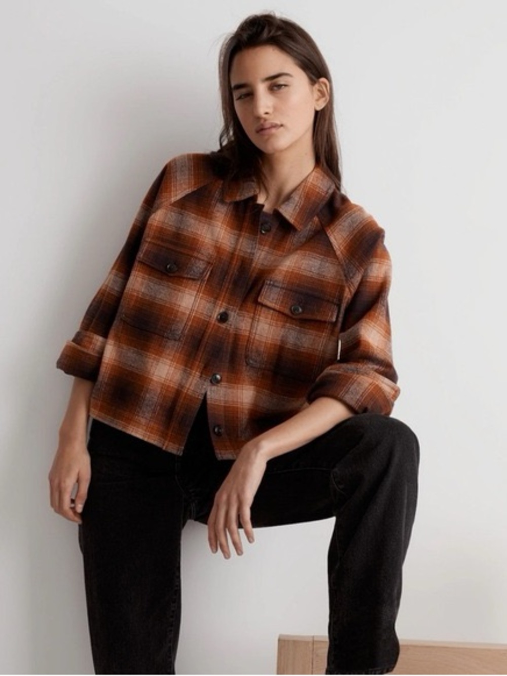 Madewell Flannel Crop Shirt Jacket Women M Saddle Brown Plaid